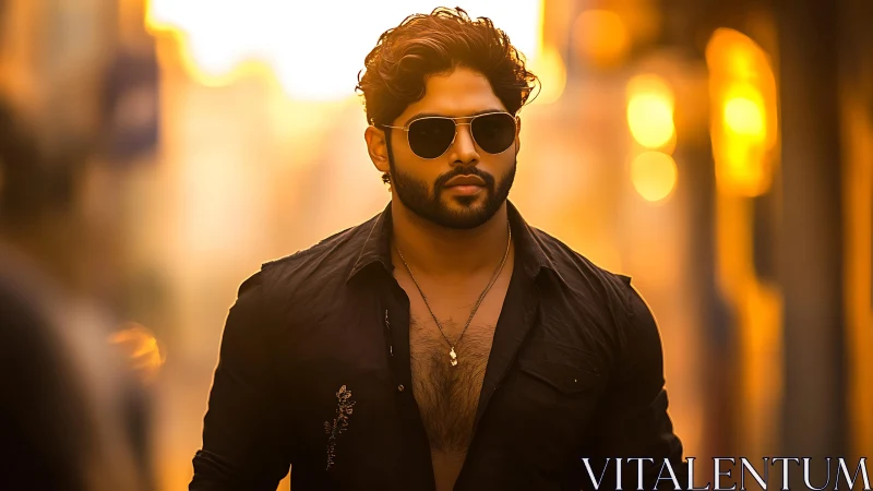 Man in black shirt walking in sunlit urban street scene.
