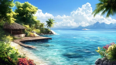 Tropical coastal settlement with wooden structures and mountain scenery.