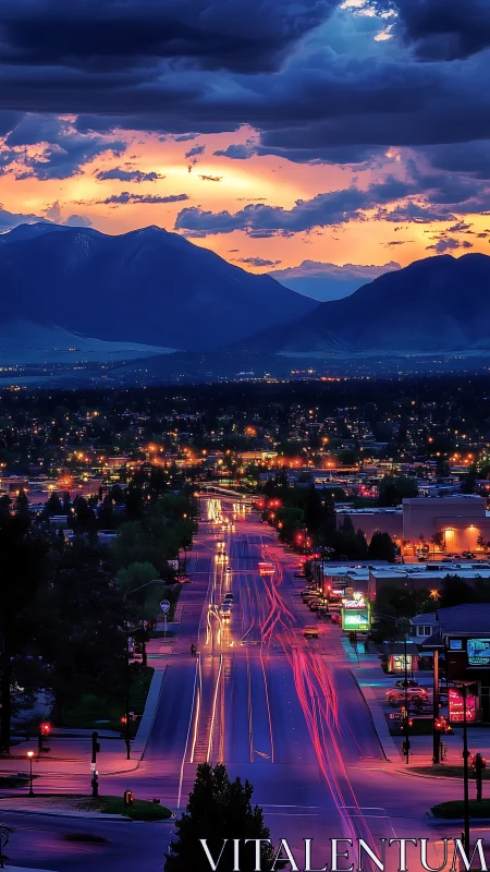 City street at dusk with mountains and vibrant light trails.