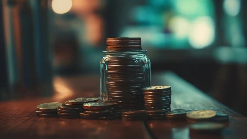 Glass container holds vertical stack of coins on wooden surface