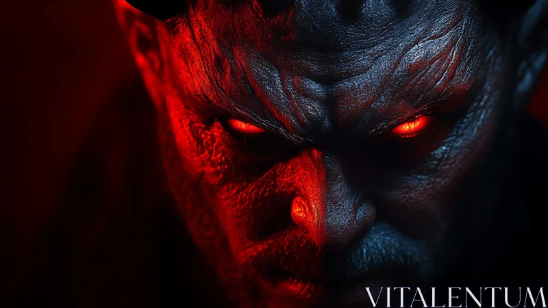 Demonic humanoid face with glowing red eyes in darkness.