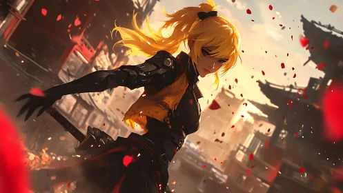 Fierce blonde warrior turns in a flurry of crimson petals