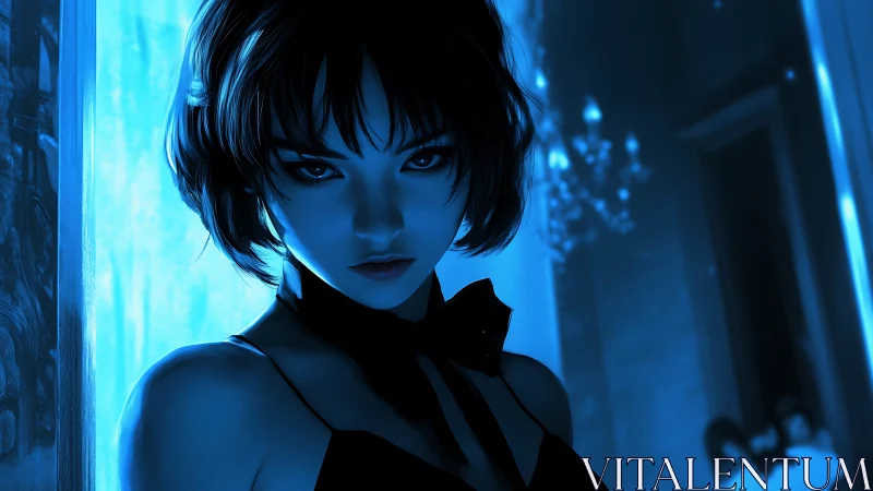 Midnight gaze of a mysterious blue-lit ballroom guest.