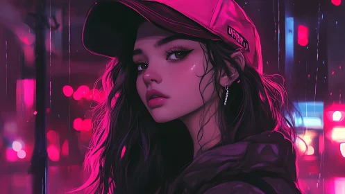 Neon lit portrait of young woman in cap at night street.