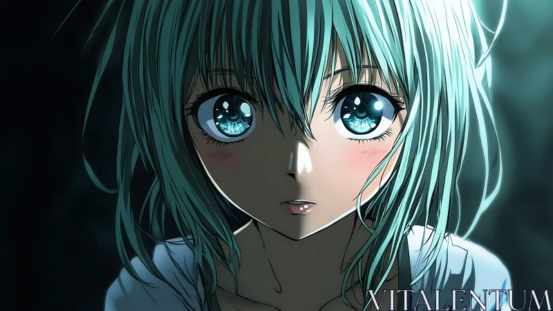 High-contrast anime portrait uses rim lighting on teal-haired girl