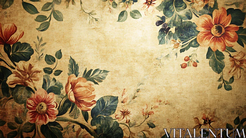 Vintage floral border frames a softly aged canvas scene