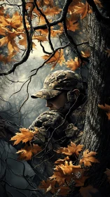 Camouflaged soldier hidden in autumn forest branches.