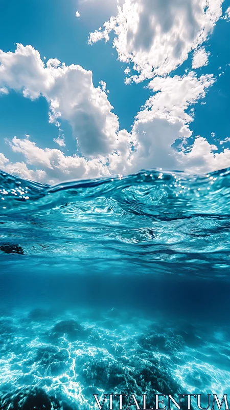 Split-view seascape with clear reef water and bright sky.