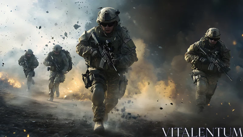 Dynamic soldiers charge forward through smoke and fire