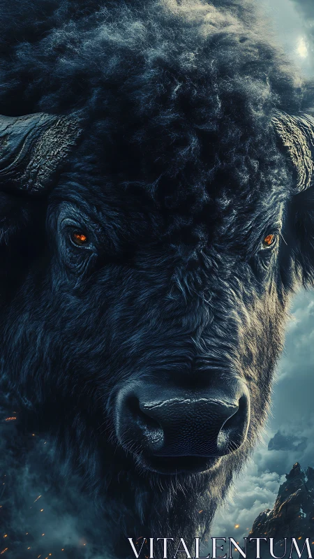 Close frontal digital rendering of dark bison head in smoke.