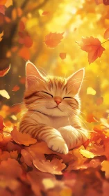 Autumn's Purring Dreams: Cat Embraced by Golden Falling Leaves
