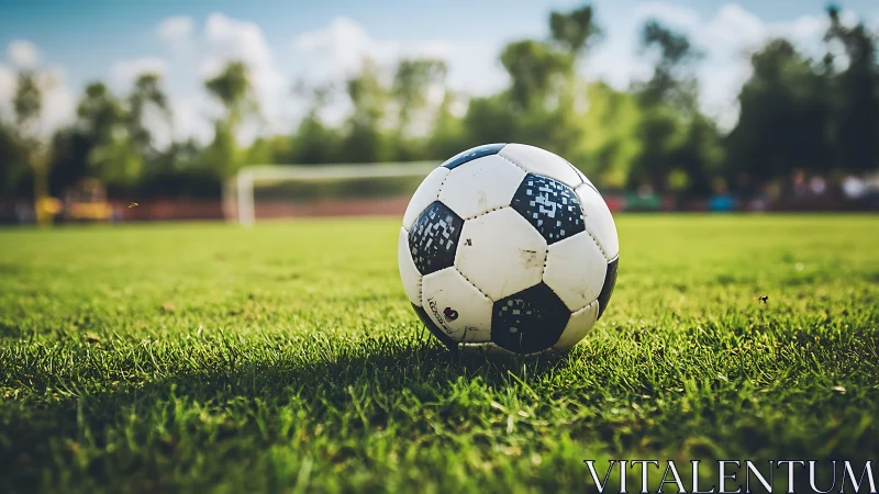 Soccer ball on grass field in outdoor sports setting.