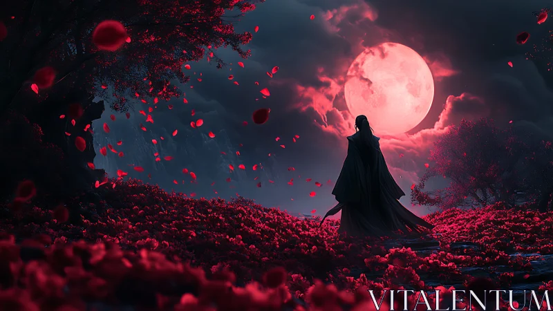 Cloaked figure stands in red field beneath large red moon