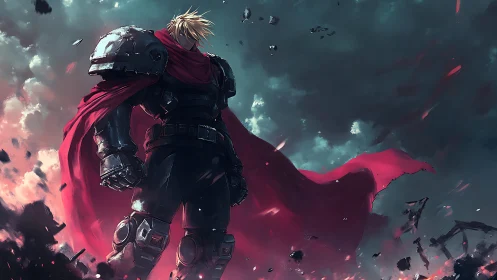 Armored warrior with red cape in fragmented sky scene.