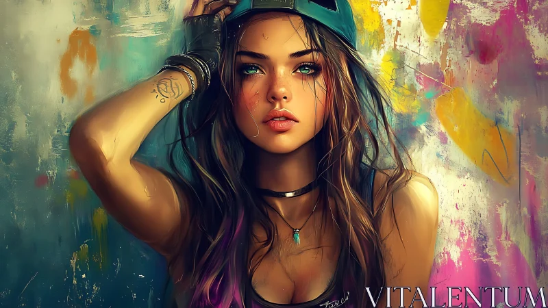 Digital portrait of young woman before abstract wall.