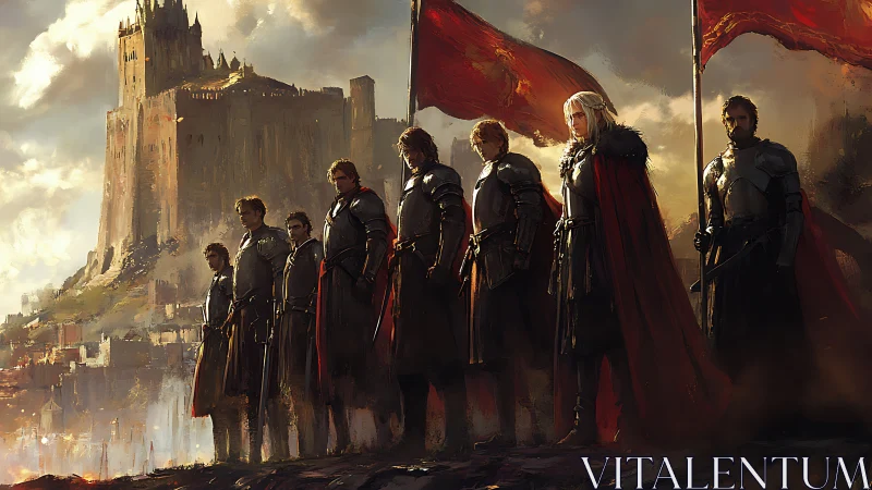 Knightly vanguard before stormlit cliffside fortress walls.