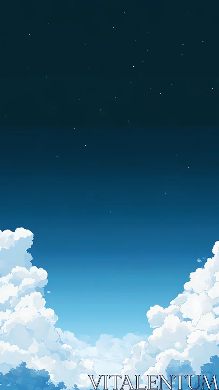 Gentle cotton clouds rising into a calm starlit sky.