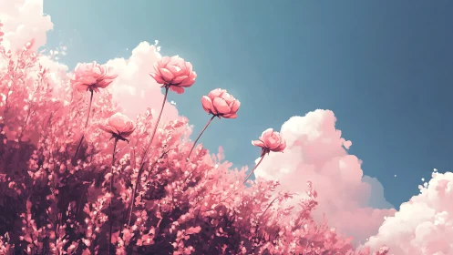 Pink flowering plants stand against a clear blue daytime sky