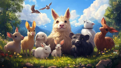 Sunny meadow portrait unites stylized farm animals in soft focus