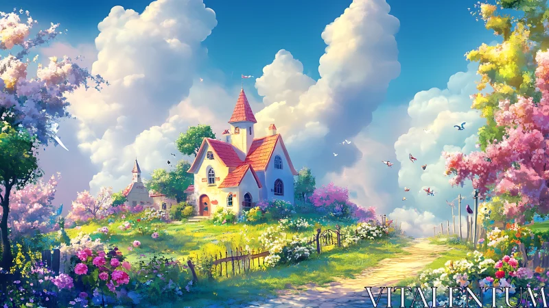 Sunlit cottage garden glows beneath towering spring clouds.