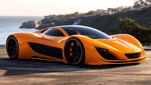 Seaside sunset showcase of streamlined orange hypercar design.
