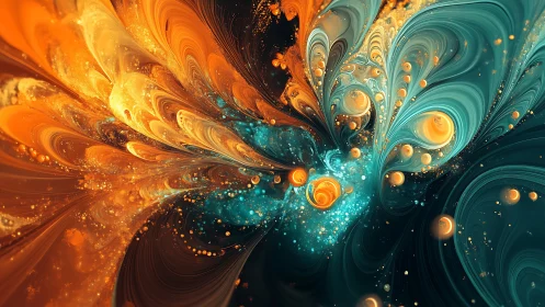Swirling cosmic tides in teal and ember light.