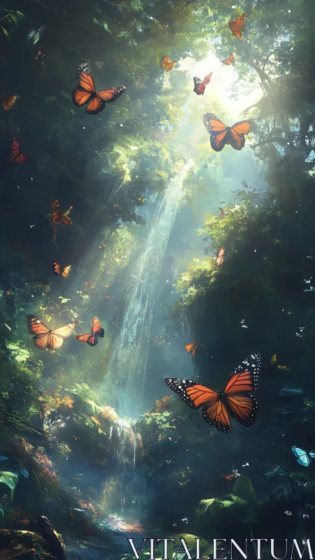 Monarch Reverie Beneath the Hidden Emerald Waterfall.