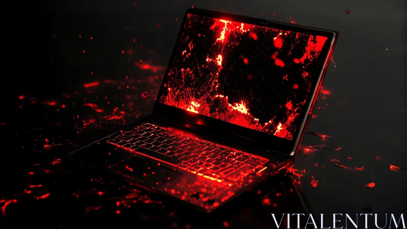 Laptop drenched in molten red light on reflective surface.