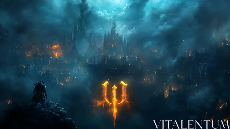 Armored silhouette surveys burning gothic city under turbulent clouds