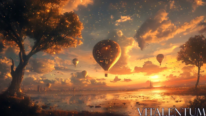 Sunlit balloons drift through firefly dusk above quiet waters