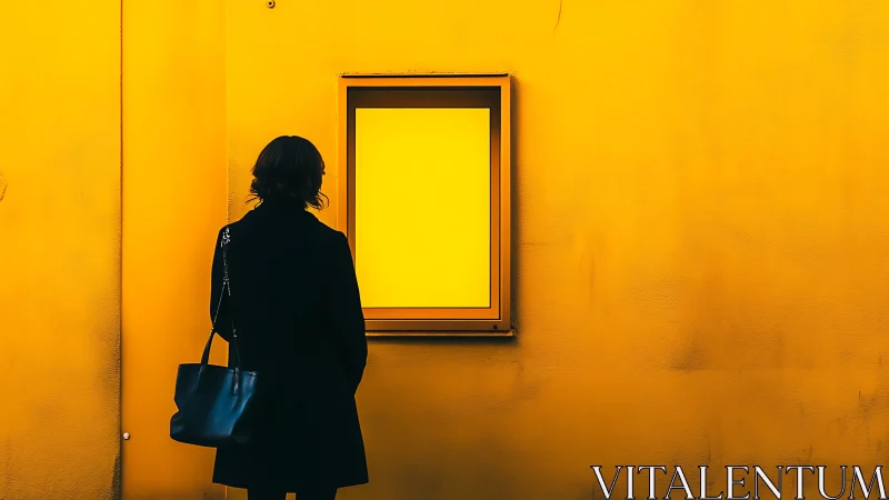 Silhouetted figure studies bright yellow window on wall