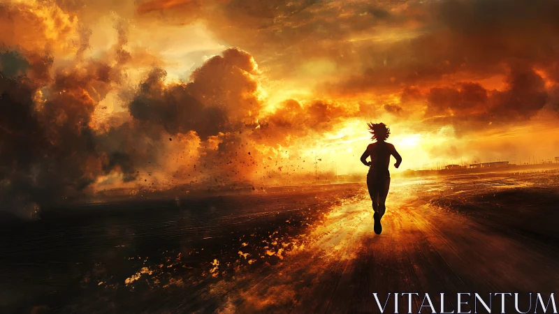 Silhouette runner crossing blazing sunset horizon sky.