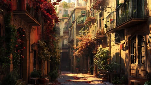 Sunlit Mediterranean alley with lush balconies and ivy.