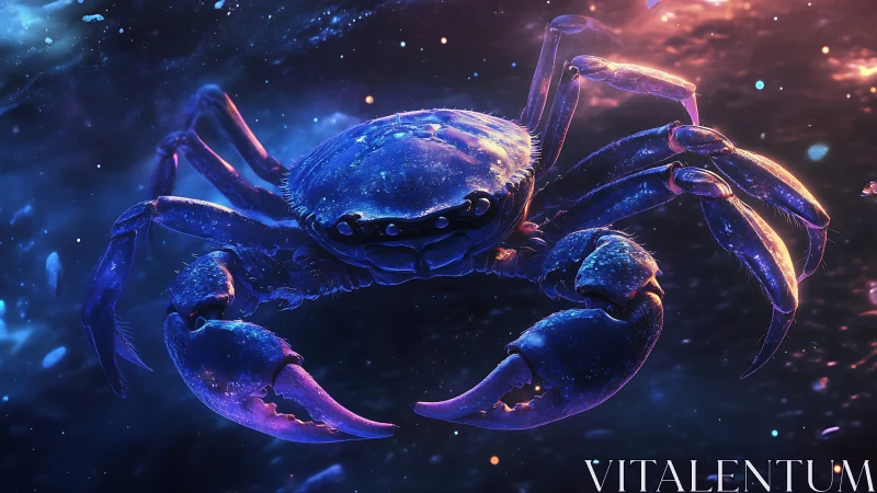 Cosmic blue crab drifting through luminous nebula seascape.