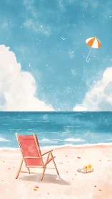 Minimalist beach chair, drifting umbrella and calm shoreline