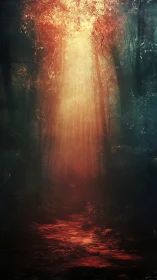 Ethereal forest path illuminated by golden radiance through dense canopy.