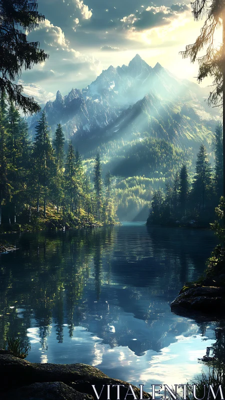 Sunlit alpine peaks over reflective conifer lake vista.