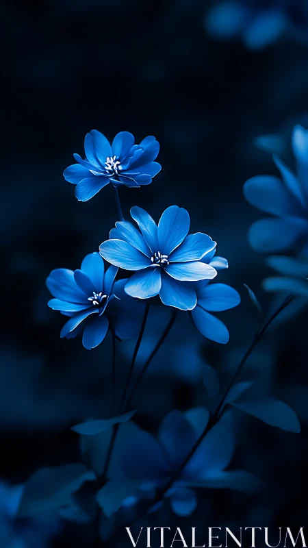 Blue flowers on dark background with bokeh elements.