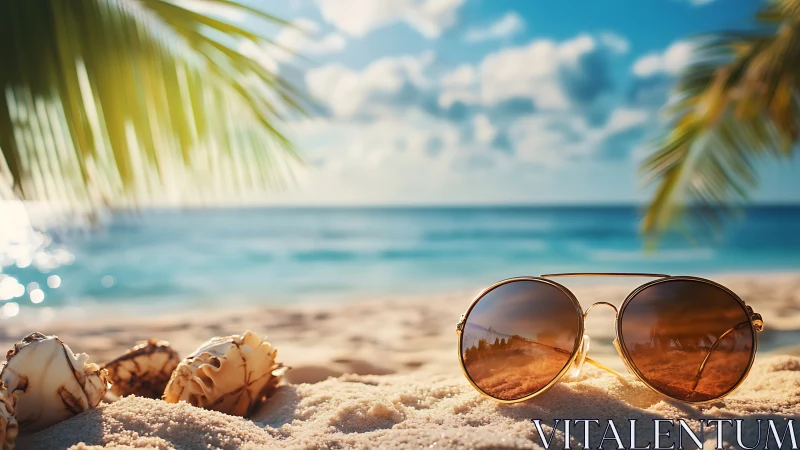 Golden aviator sunglasses on tropical sandy shoreline.