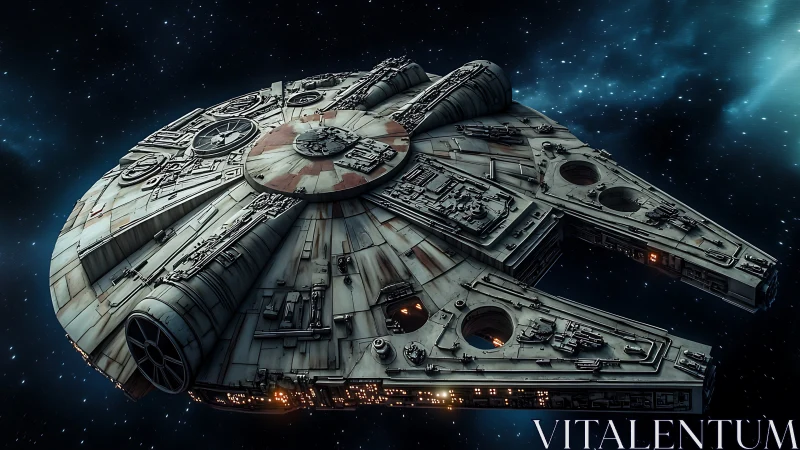 Weathered starship glides through nebula-speckled deep space.