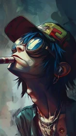 Stylized youth portrait with goggles, cap, and lollipop.