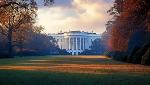 Neoclassical executive residence framed by autumnal arboreal geometry.