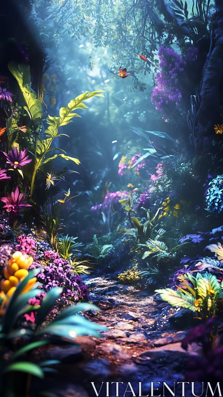 Luminous forest path winds through dense flowers and foliage