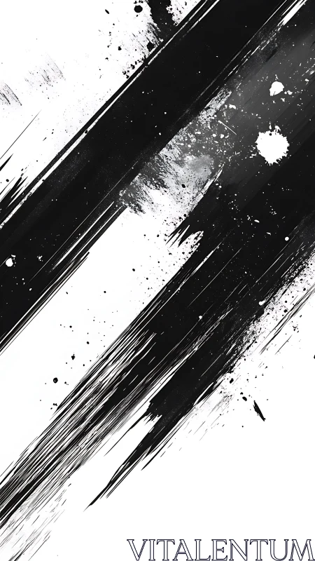 Diagonal black ink streaks with splatter on white field.
