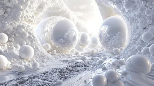 Luminous white spheres drift through a sculpted icy valley