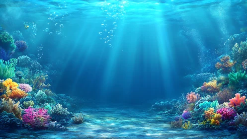 Sunlit coral reef glows beneath clear tropical waters.
