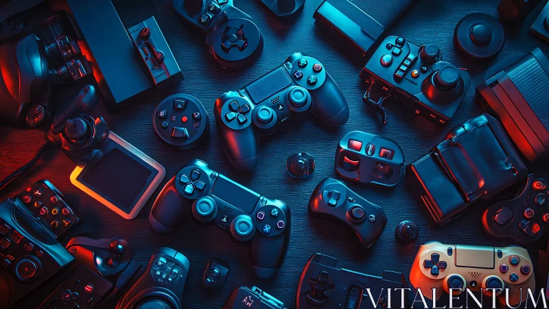 Ergonomic gamepad taxonomy under neon-rimmed mixed lighting.