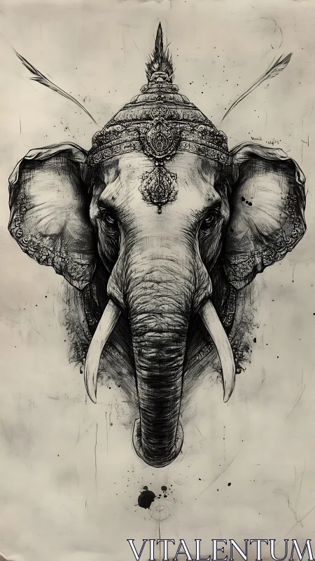 Regal ink illustration of an adorned elephant head.