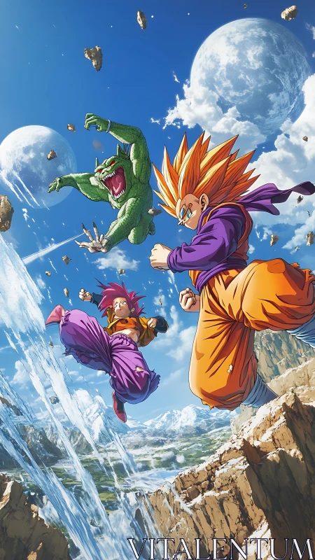 High‑flying anime heroes launch into an epic mountain battle