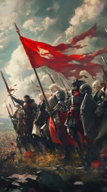 Armored medieval infantry line with red war banner raised.